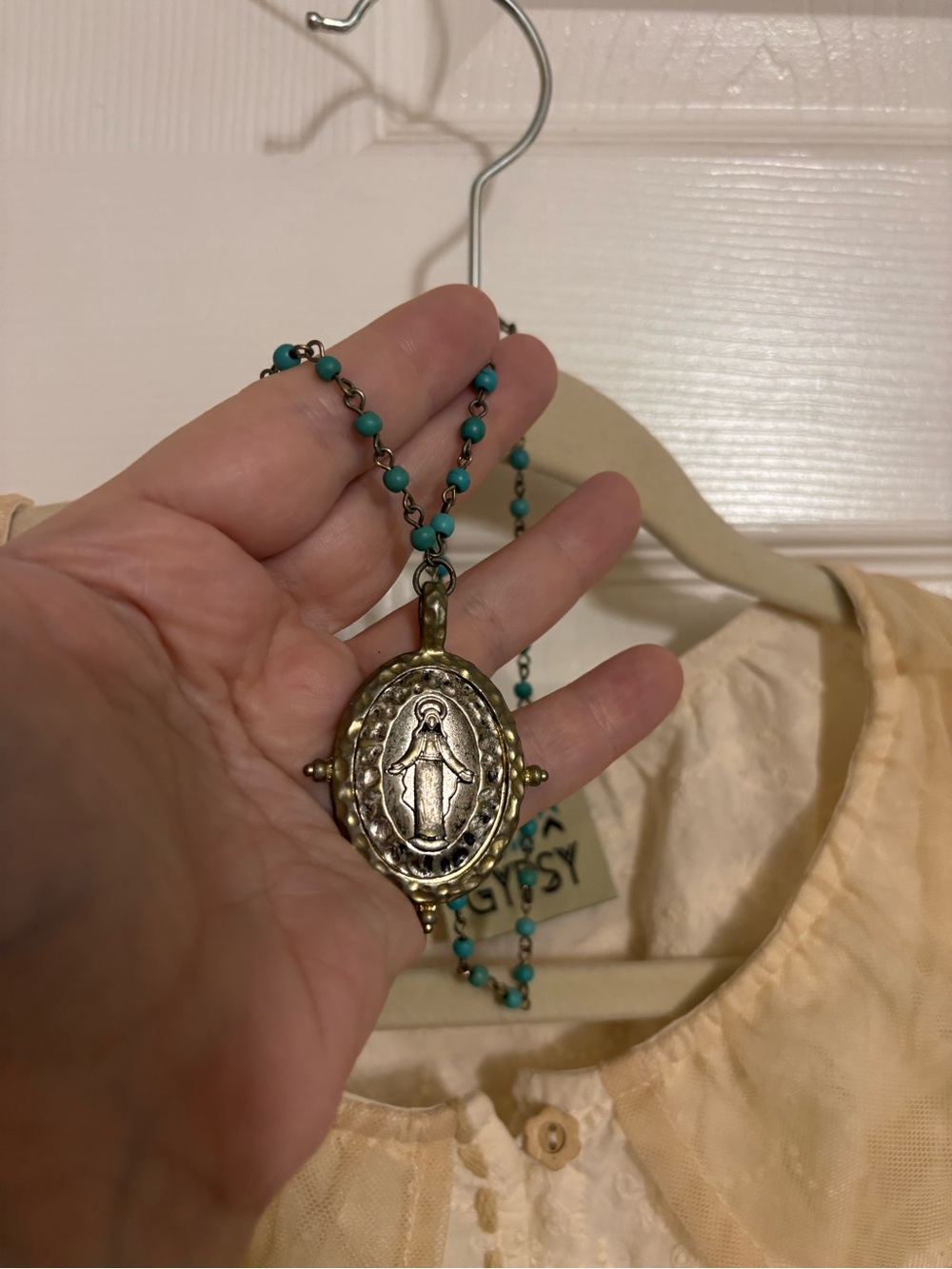 Turquoise Bead Bronze Religious Pendant Necklace